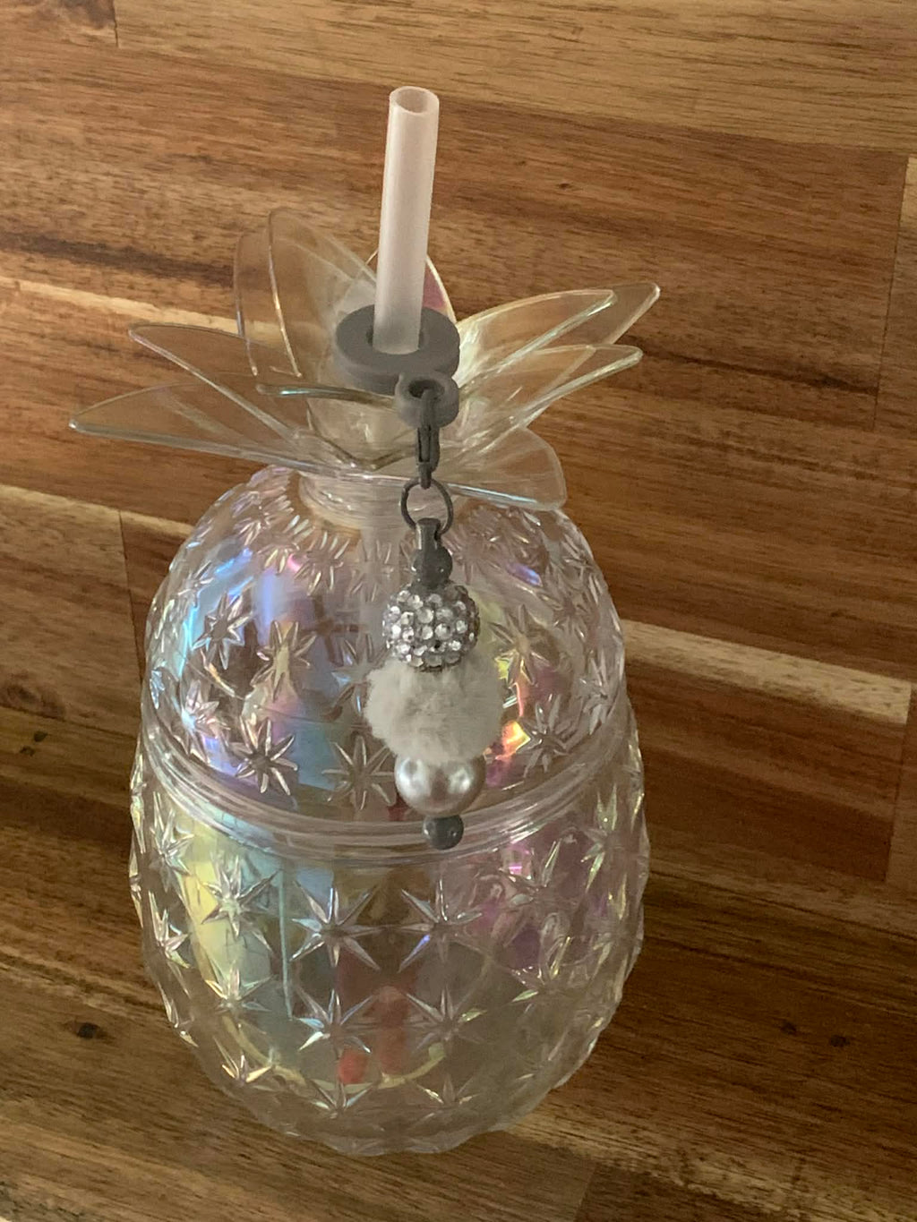Straw Charm – Silver Rhinestone, White Pom Pom & Pearl