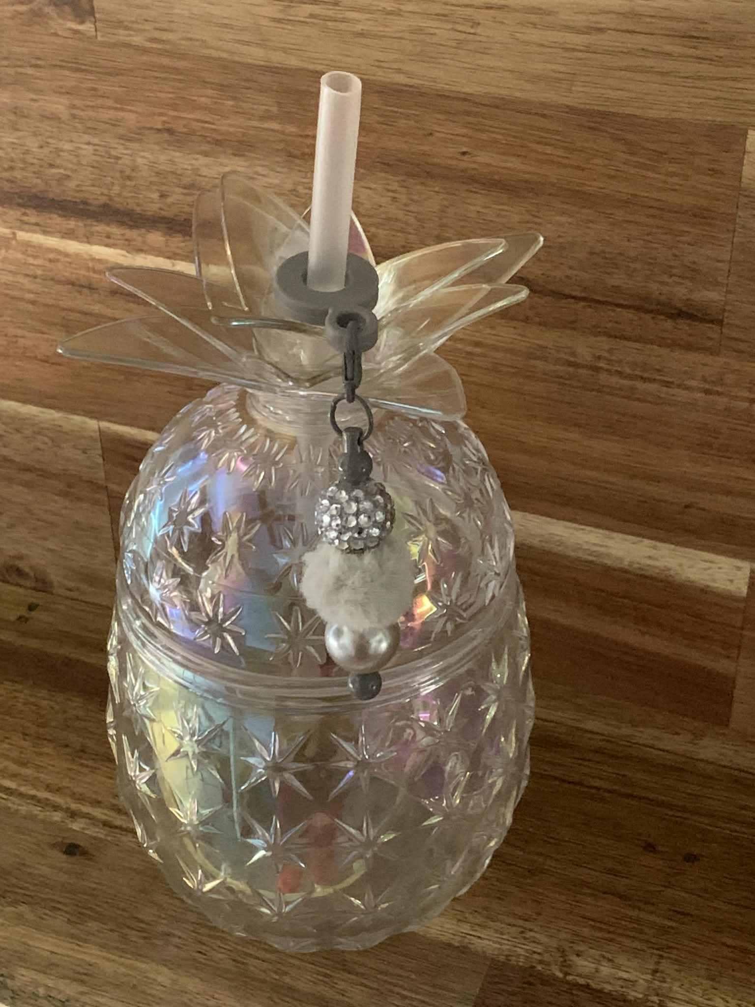 Straw Charm – Silver Rhinestone, White Pom Pom & Pearl