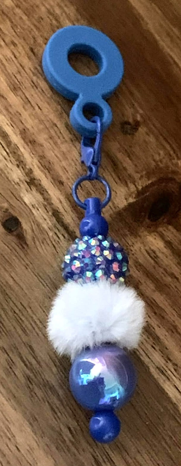 Straw Charm – Blue Iridescent Rhinestone, White Pom Pom & Pearl
