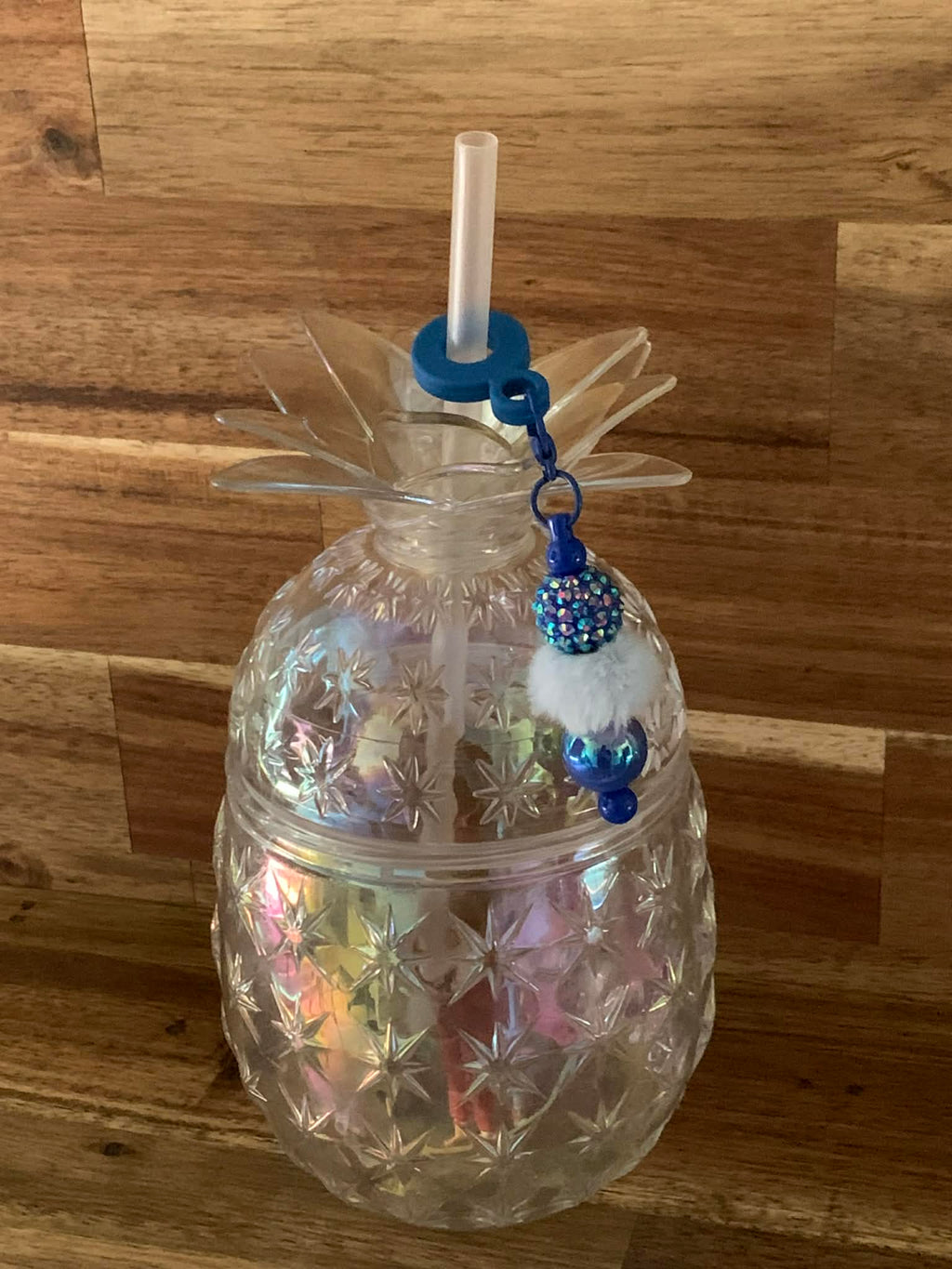 Straw Charm – Blue Iridescent Rhinestone, White Pom Pom & Pearl