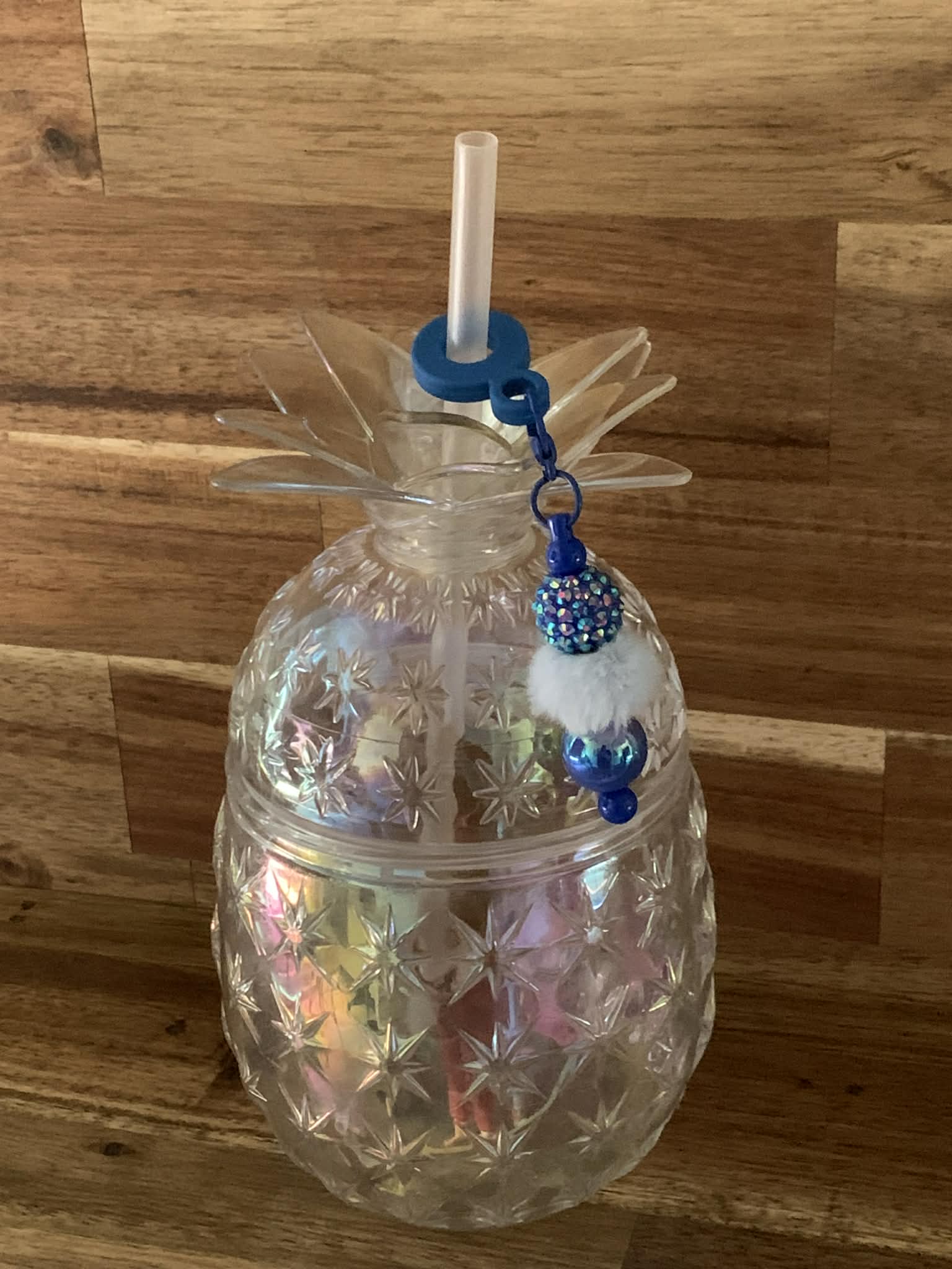 Straw Charm – Blue Iridescent Rhinestone, White Pom Pom & Pearl