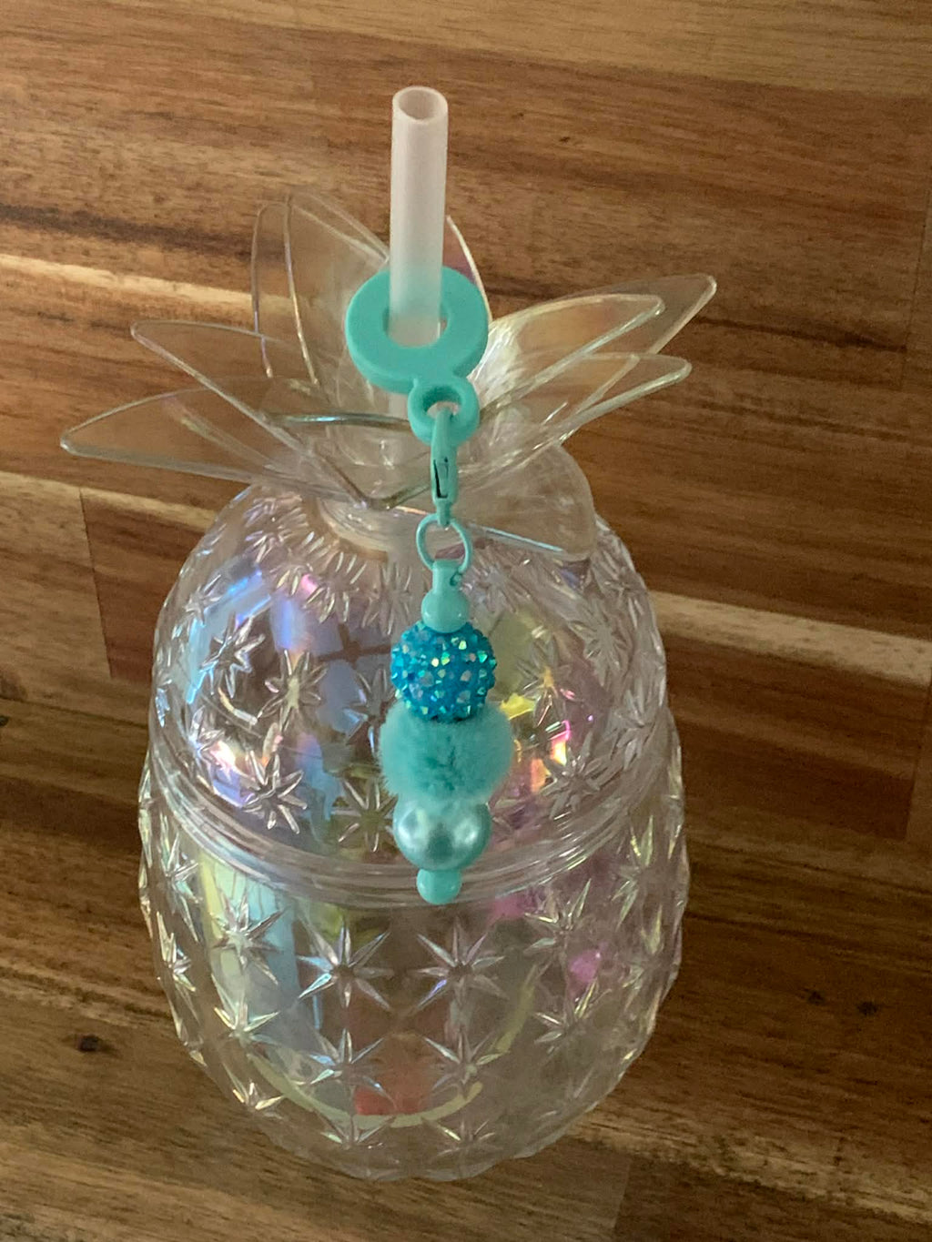 Straw Charm – Teal Rhinestone, Pom Pom & Pearl