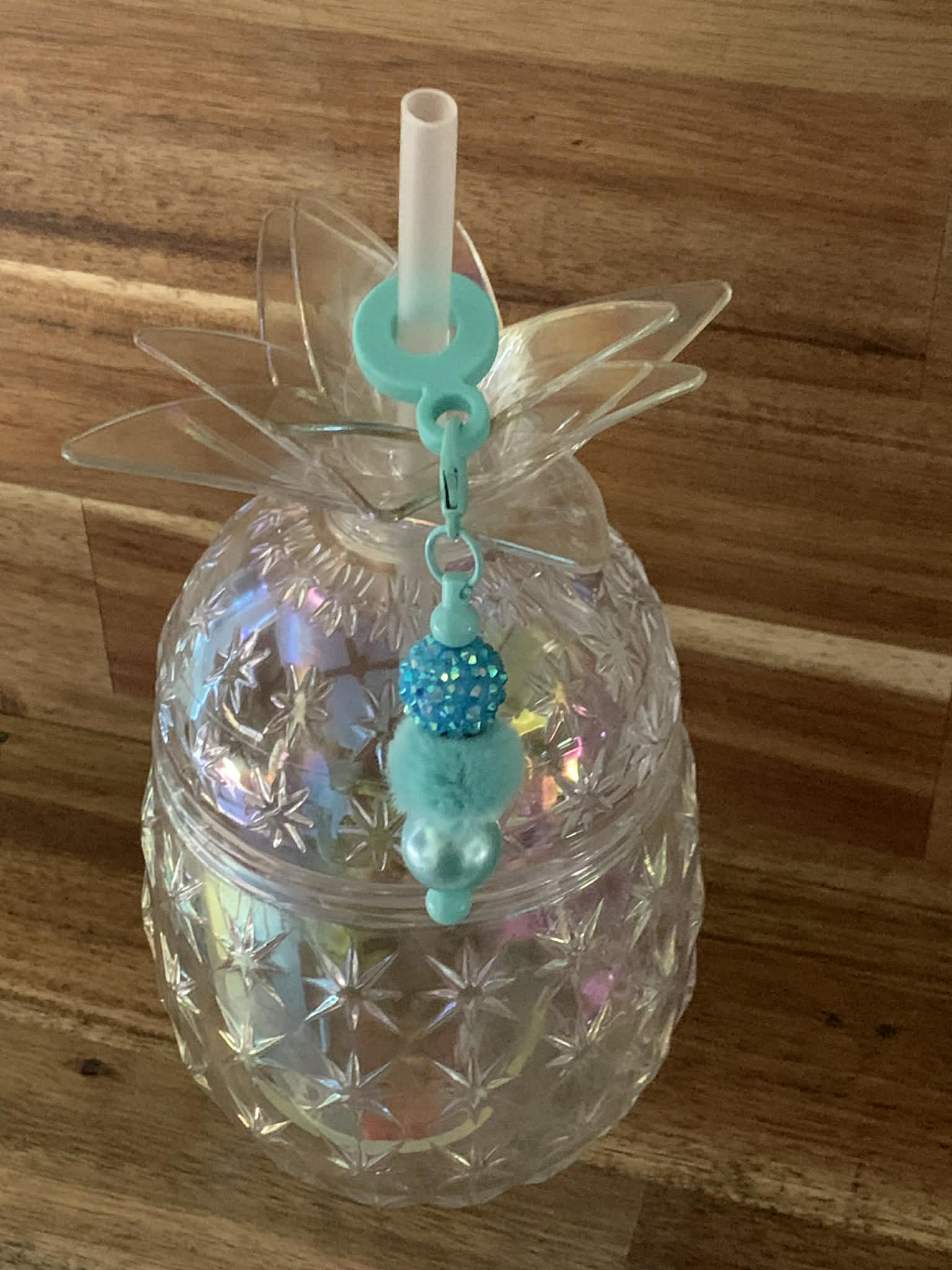 Straw Charm – Teal Rhinestone, Pom Pom & Pearl