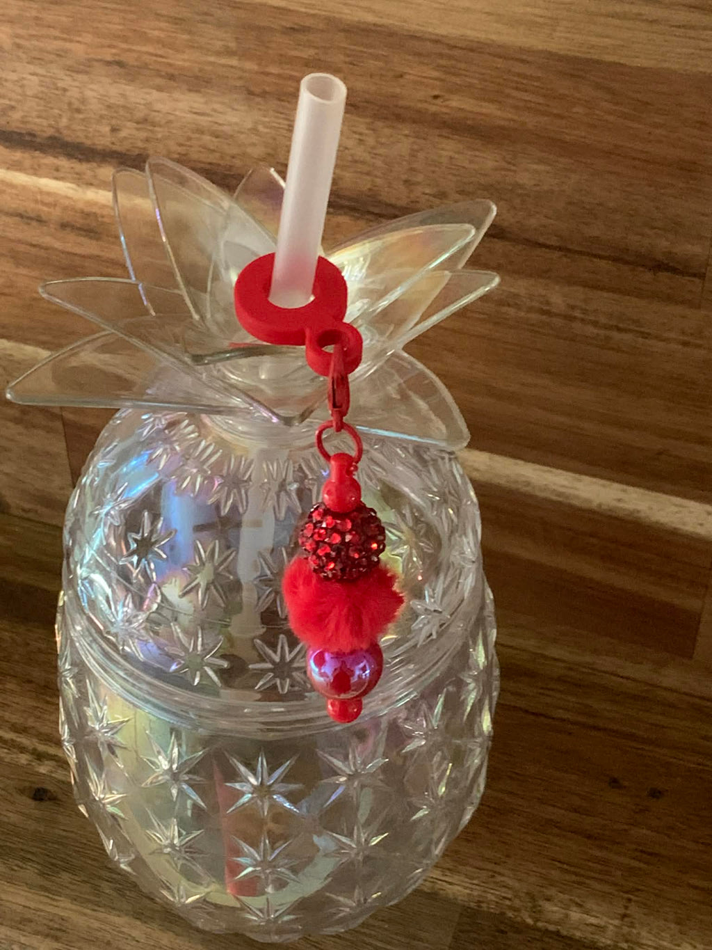 Straw Charm – Red Rhinestone, Pom Pom & Pearl