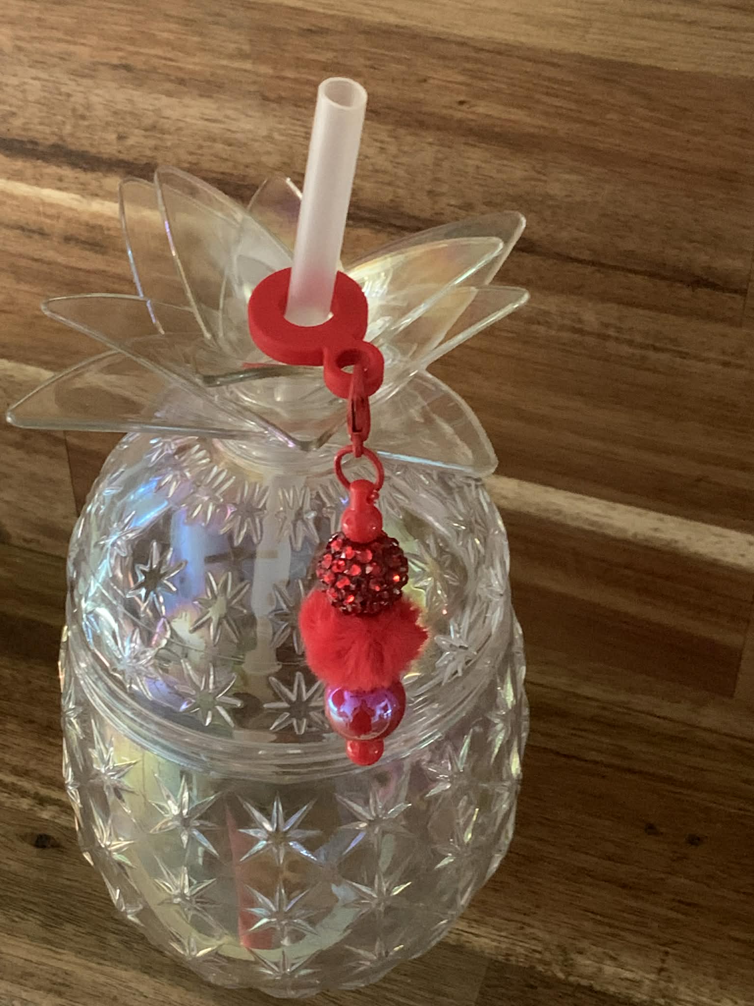 Straw Charm – Red Rhinestone, Pom Pom & Pearl