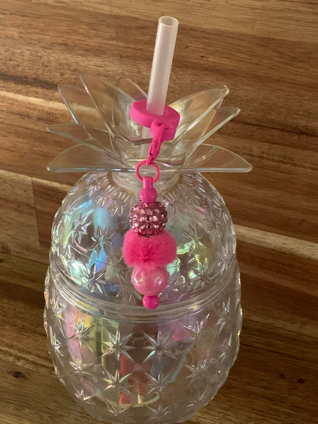 Straw Charm – Hot Pink Rhinestone, Pom Pom & Pearl