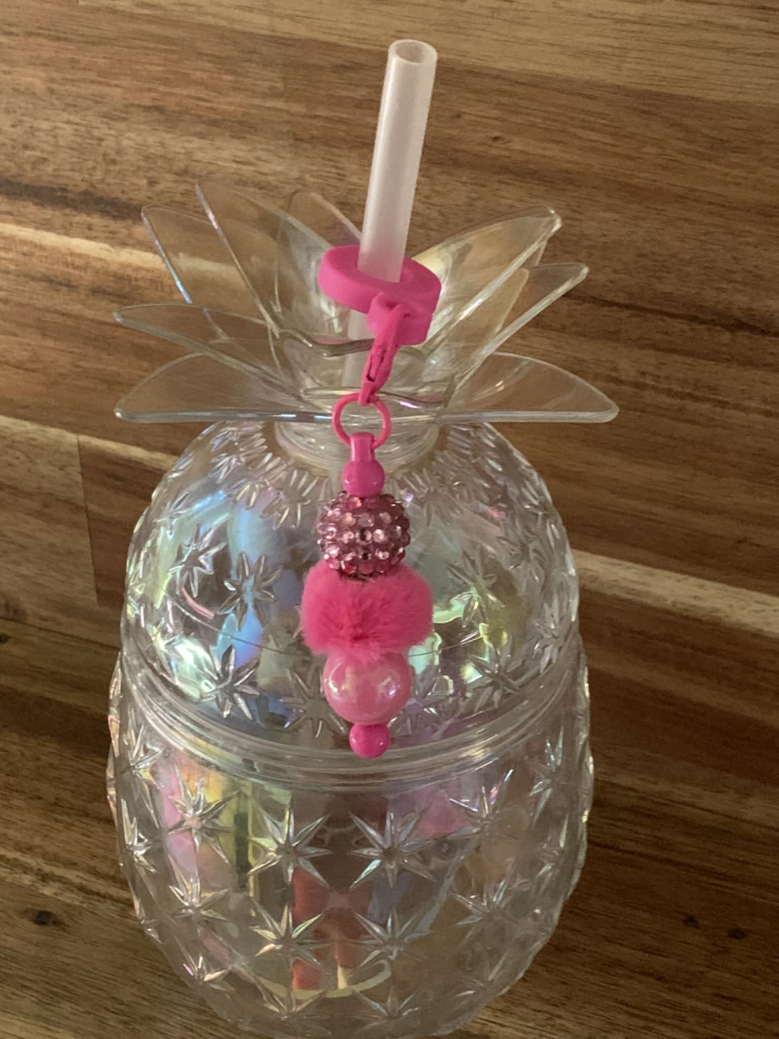 Straw Charm – Hot Pink Rhinestone, Pom Pom & Pearl