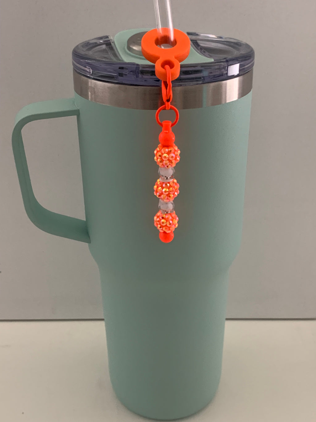 Straw Charm – Neon Orange Pearlescent Rhinestone Double Ball with Silver Spacers
