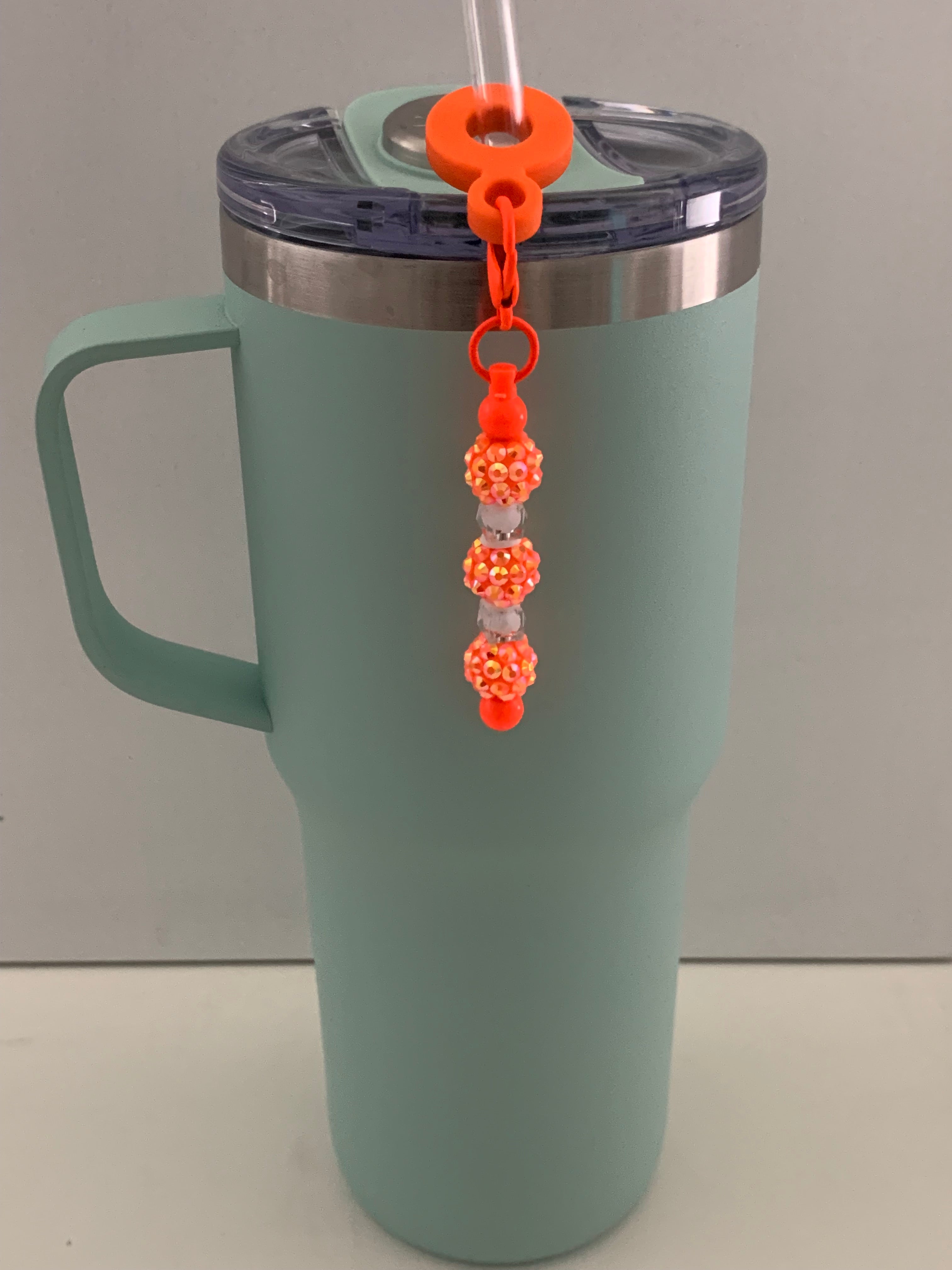 Straw Charm – Neon Orange Pearlescent Rhinestone Double Ball with Silver Spacers