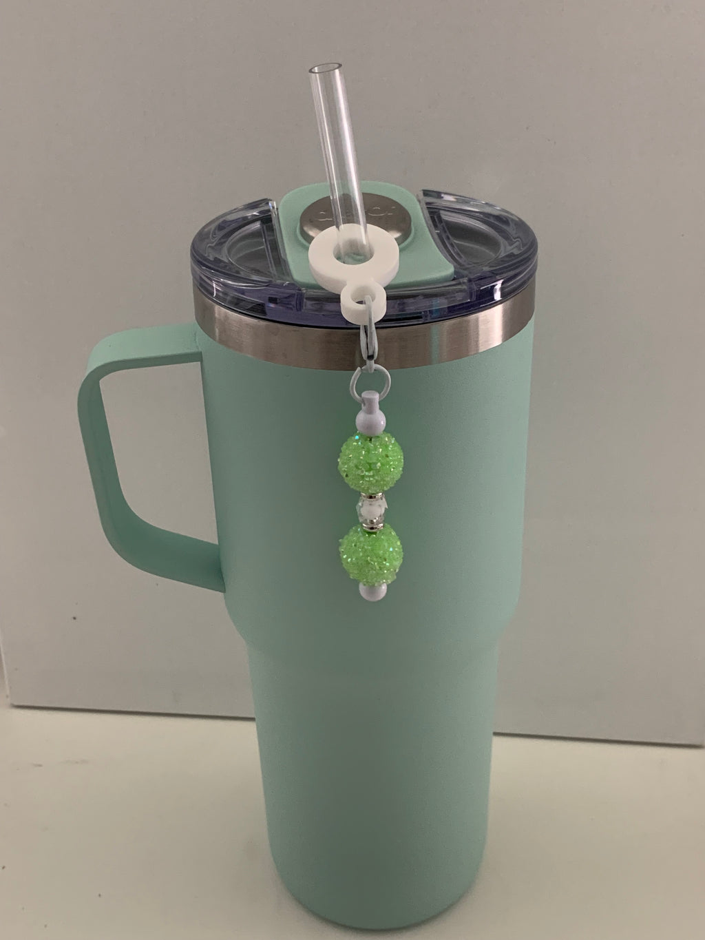 Straw Charm – Lime Green Sugar Bead Double Ball with White & Silver