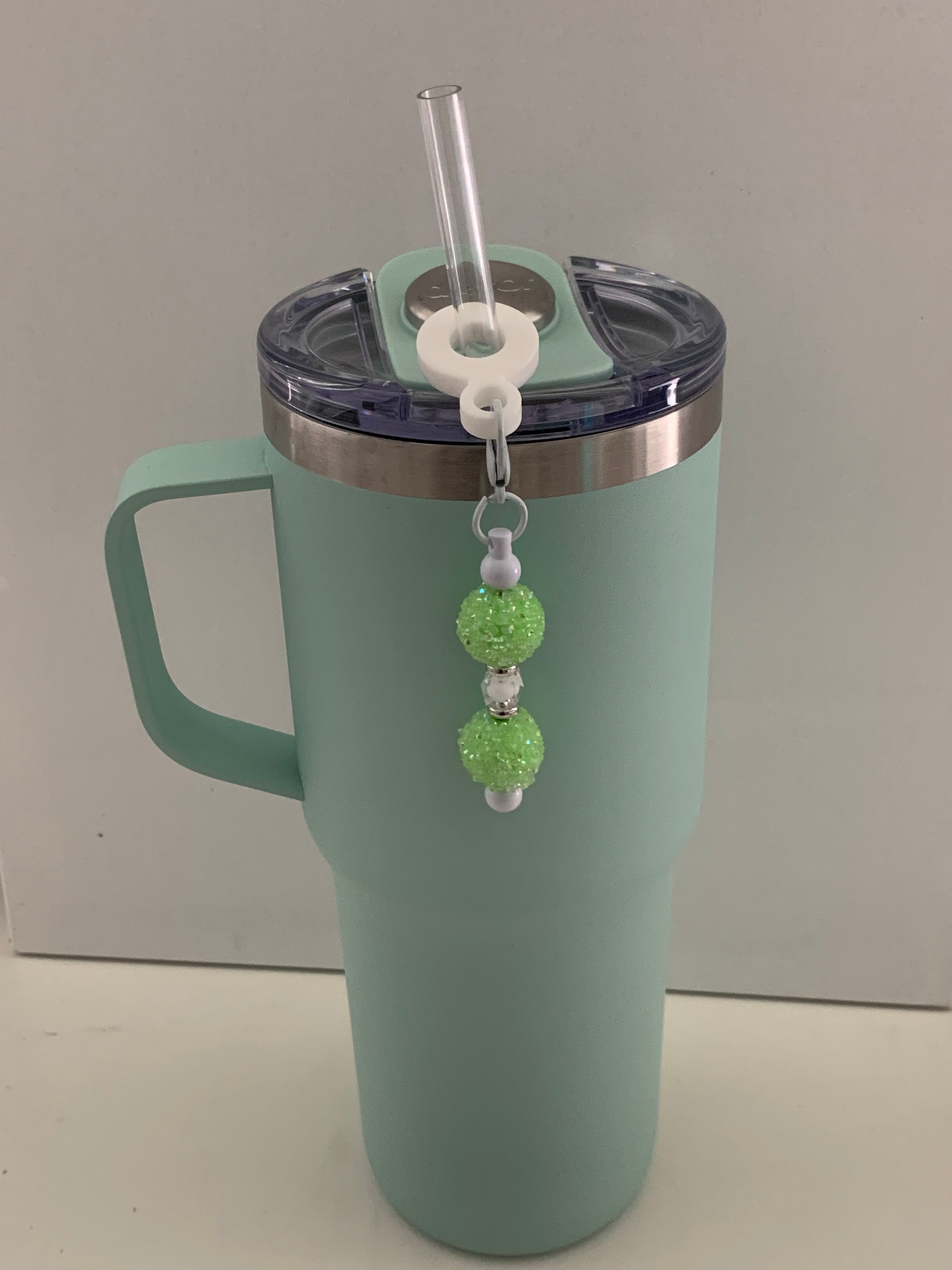 Straw Charm – Lime Green Sugar Bead Double Ball with White & Silver
