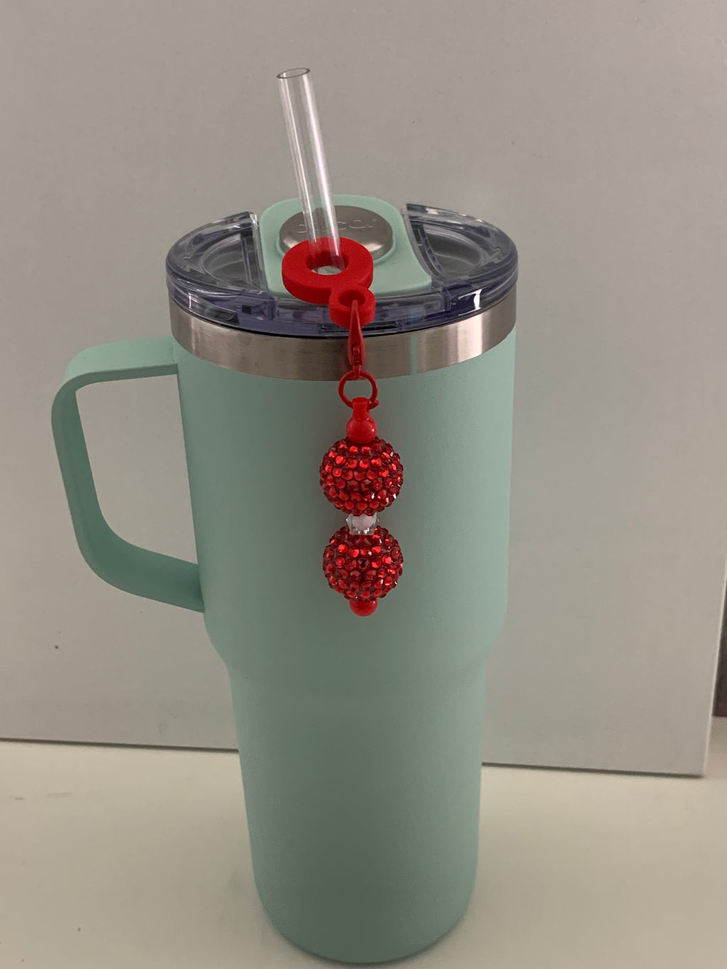 Straw Charm – Red Rhinestone Double Ball with White Bead