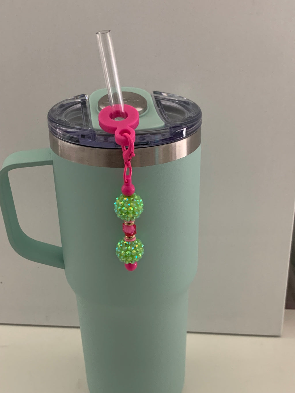 Straw Charm – Lime Green Rhinestone Double Ball with Hot Pink Accents