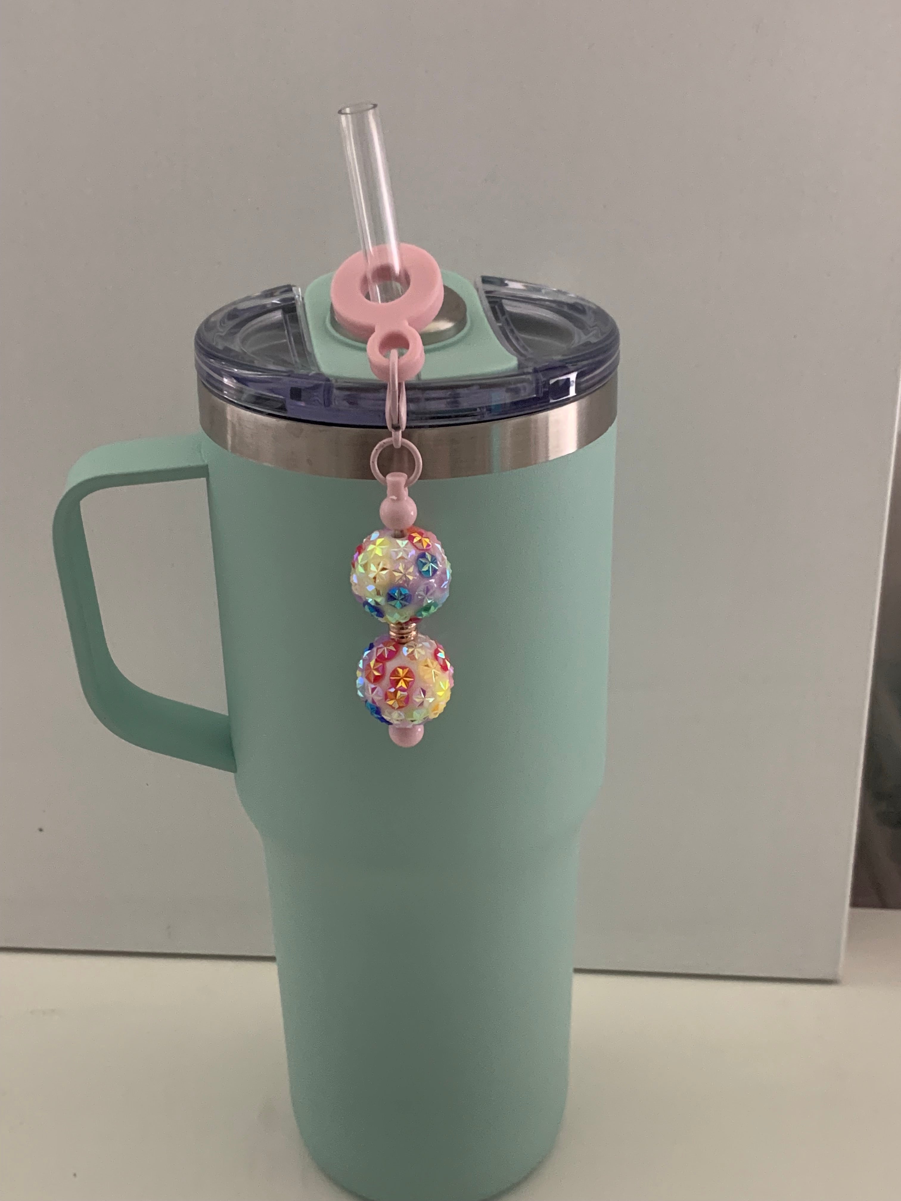 Straw Charm – Rainbow Pastel Flower Rhinestone Double Ball