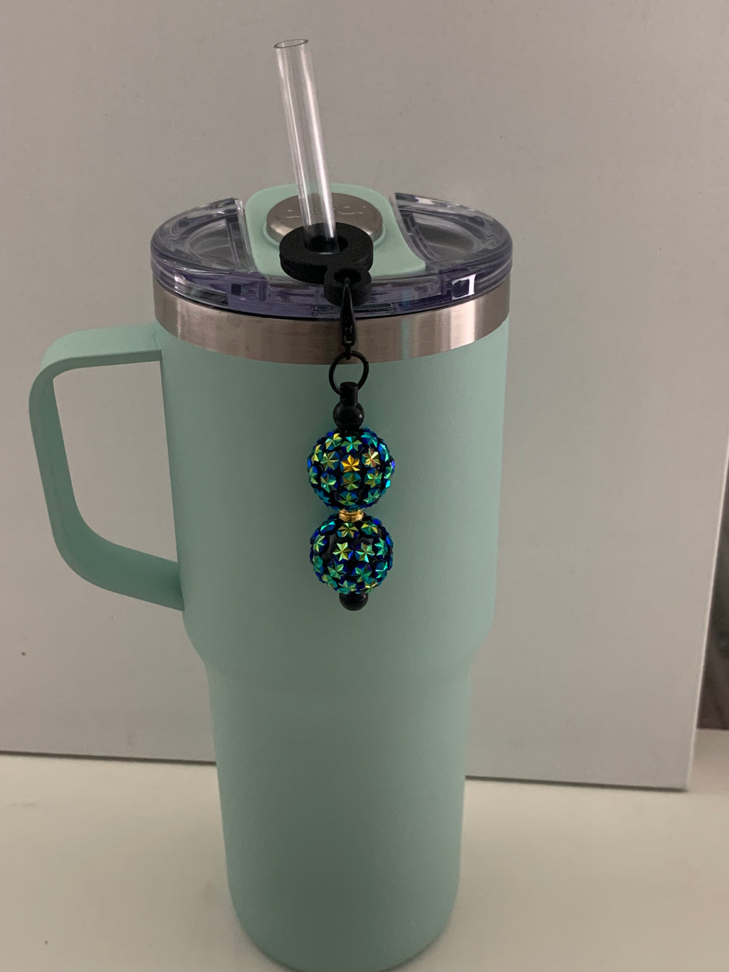 Straw Charm – Teal & Gold Flower Rhinestone Double Ball on Black