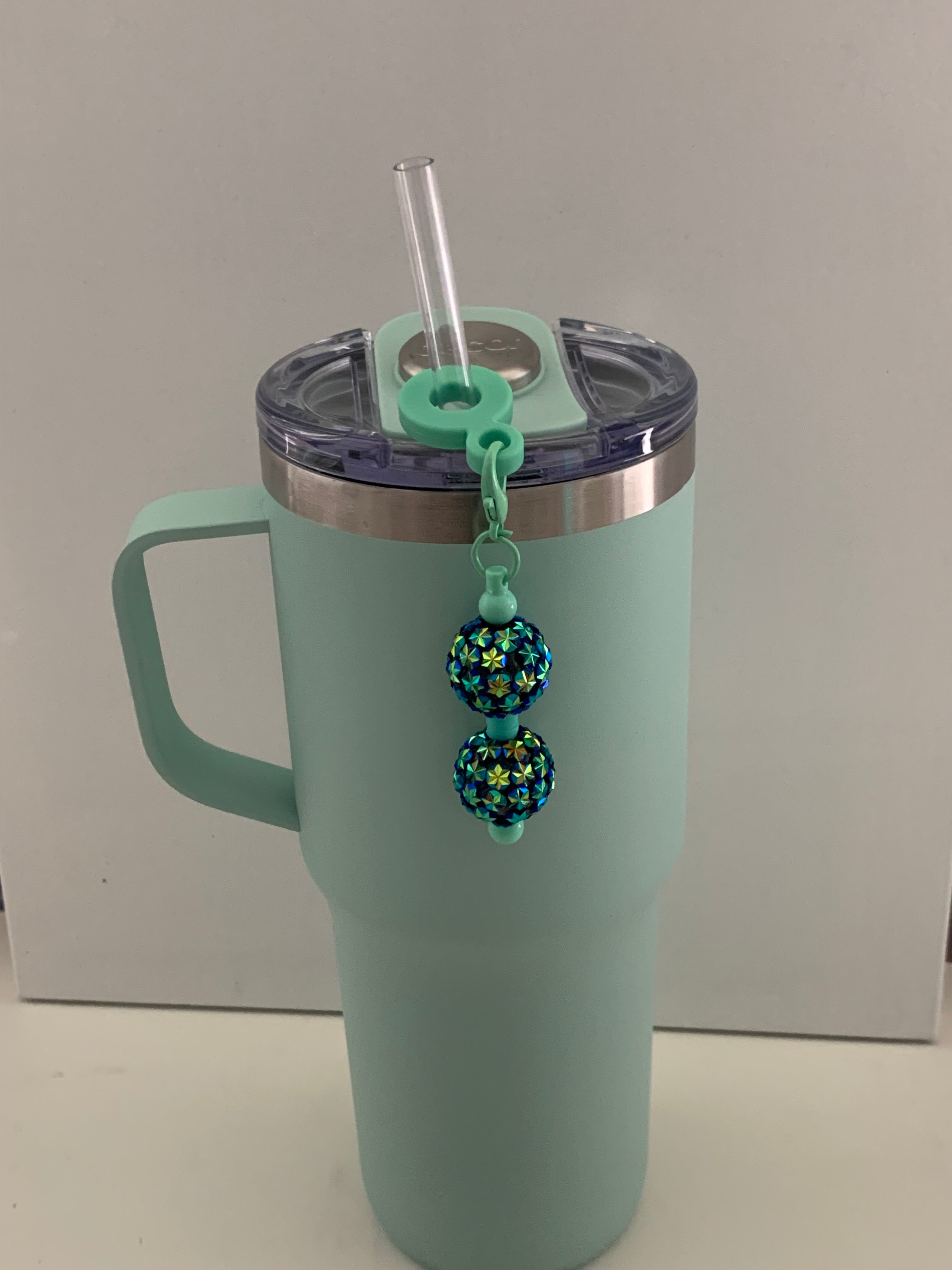 Straw Charm – Teal & Gold Flower Rhinestone Double Ball on Mint