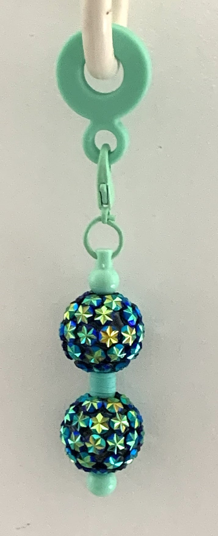 Straw Charm – Teal & Gold Flower Rhinestone Double Ball on Mint