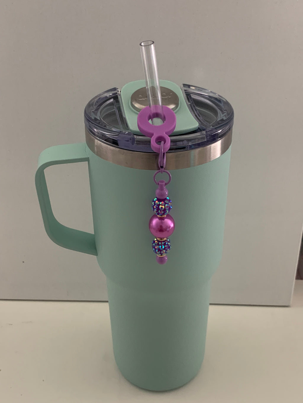 Straw Charm – Purple Iridescent Rhinestone Balls with Pink Pearl Centre