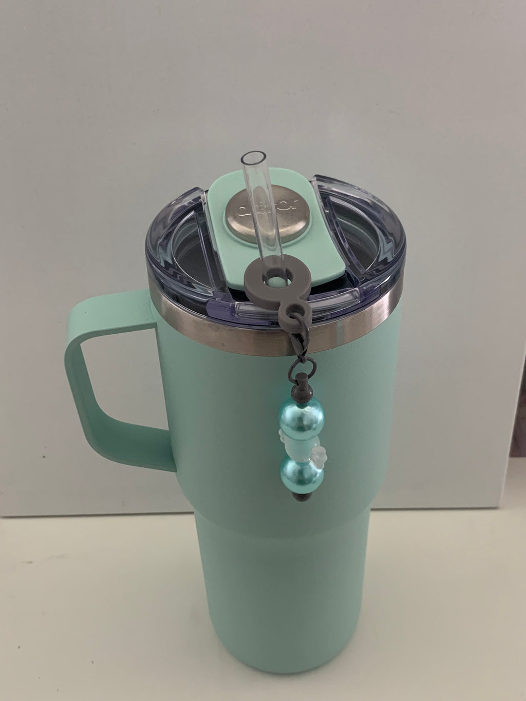 Straw Charm – Teal Pearl Triple Ball on Matte Black Hardware