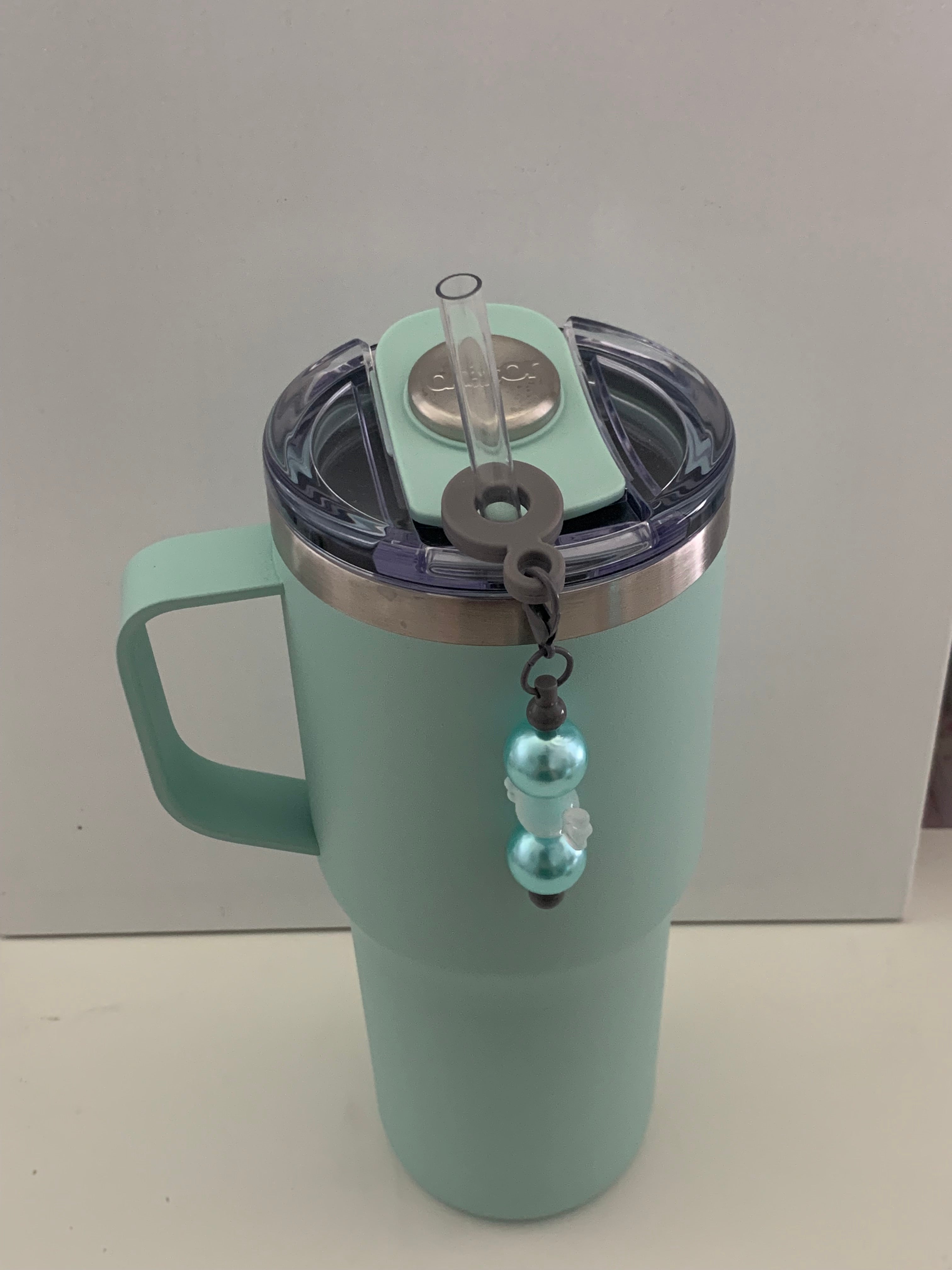 Straw Charm – Teal Pearl Triple Ball on Matte Black Hardware