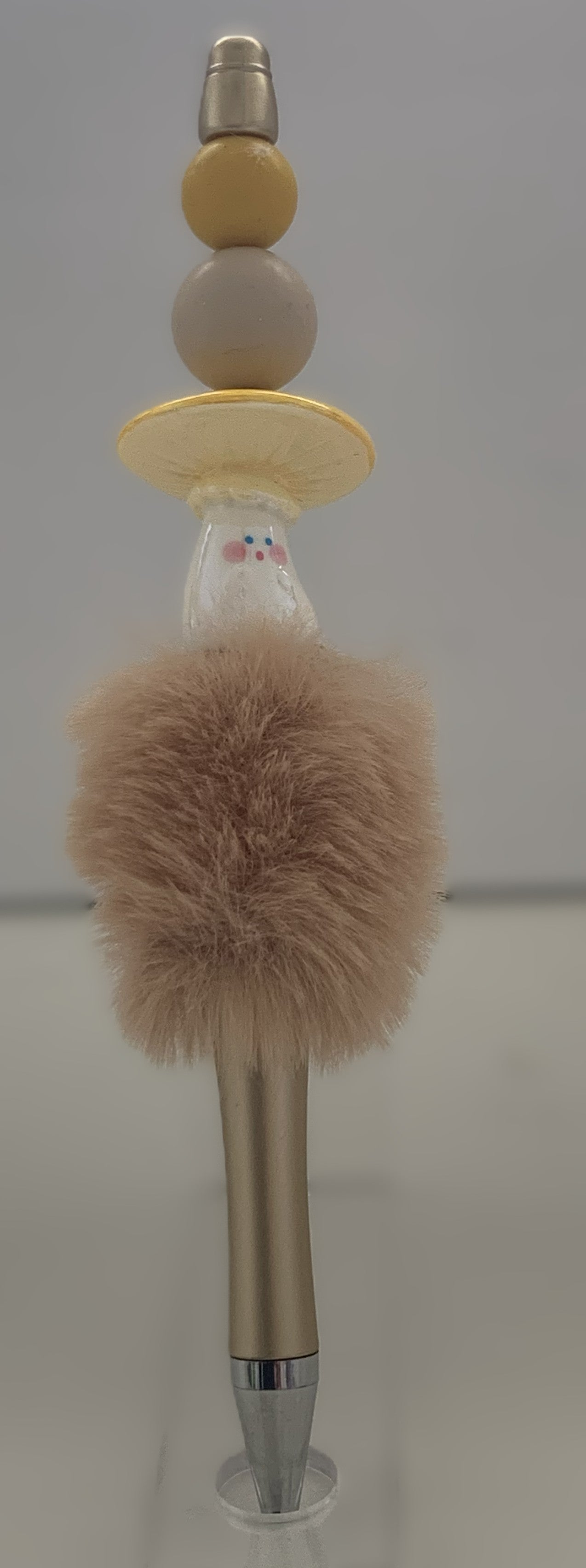 Fluffy Pen - Champagne White Mushroom Charm with Stacked Cream Yellow Beads