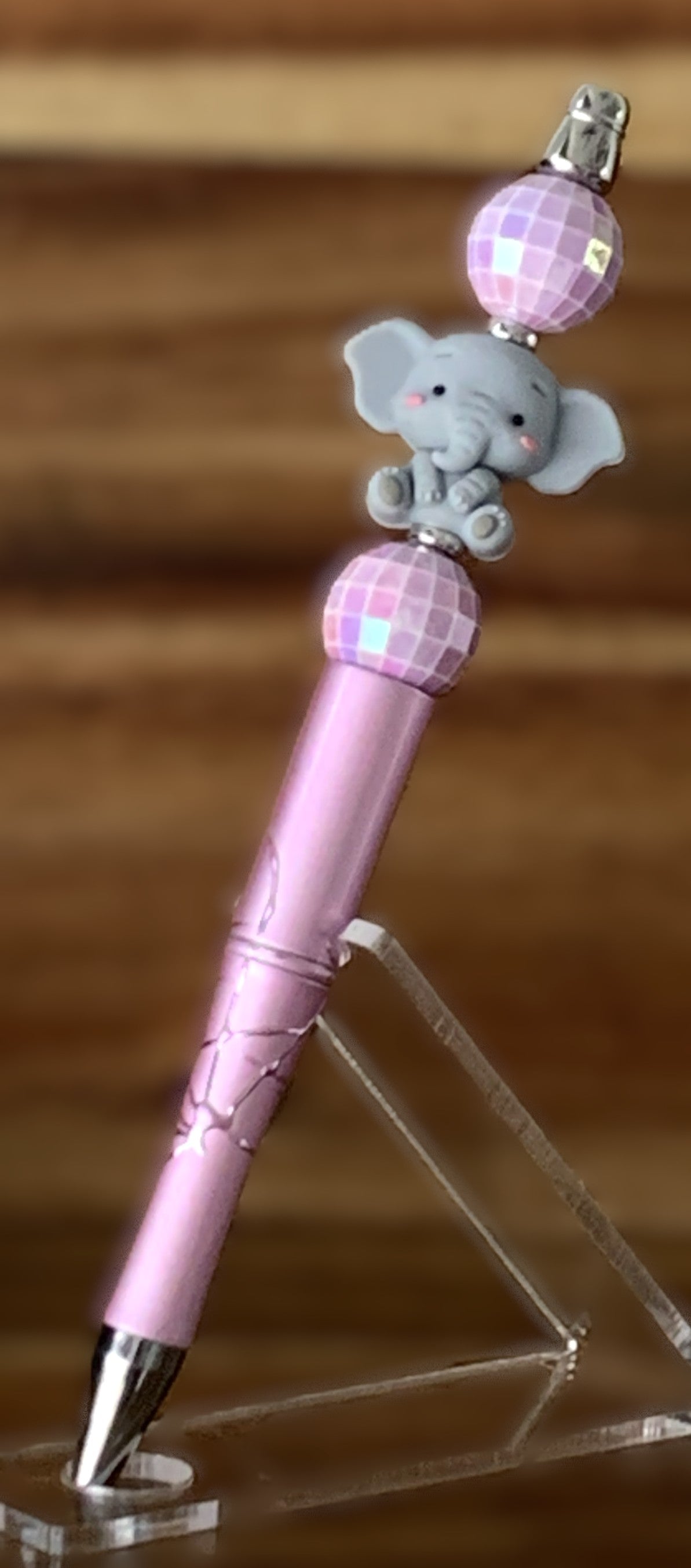 Beaded Pen - Pink Baby Elephant Charm Pink Disco Ball Beads