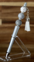 Beaded Pen - Silver Snowflake Print Bead Silver Glitter Grey Ball Bead White Tassel
