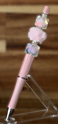 Beaded Pen - Blush Pink Iridescent AB Crystal Cube Beads Fluffy Pink Pom Pom