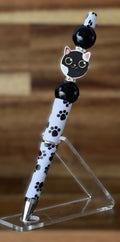 Beaded Pen - White Paw Print Tuxedo Cat Face Charm Black Ball Beads