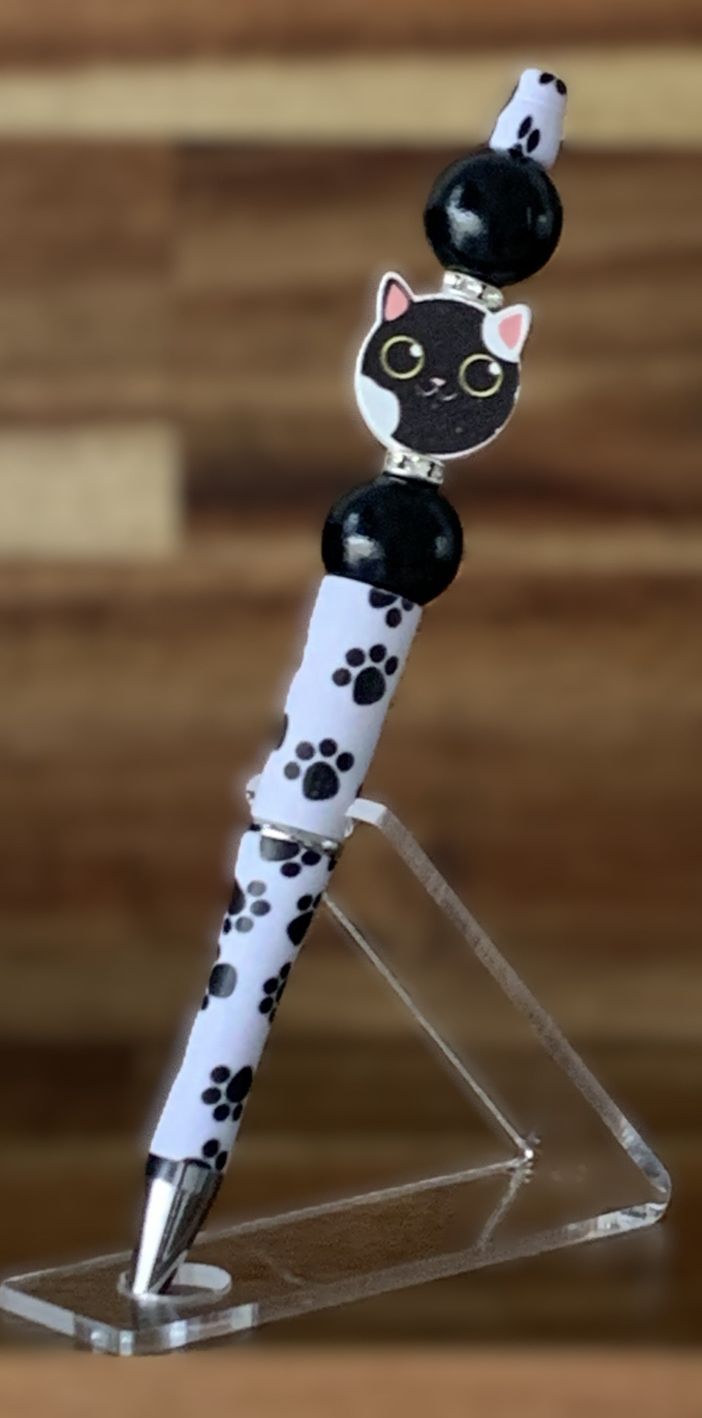 Beaded Pen - White Paw Print Tuxedo Cat Face Charm Black Ball Beads