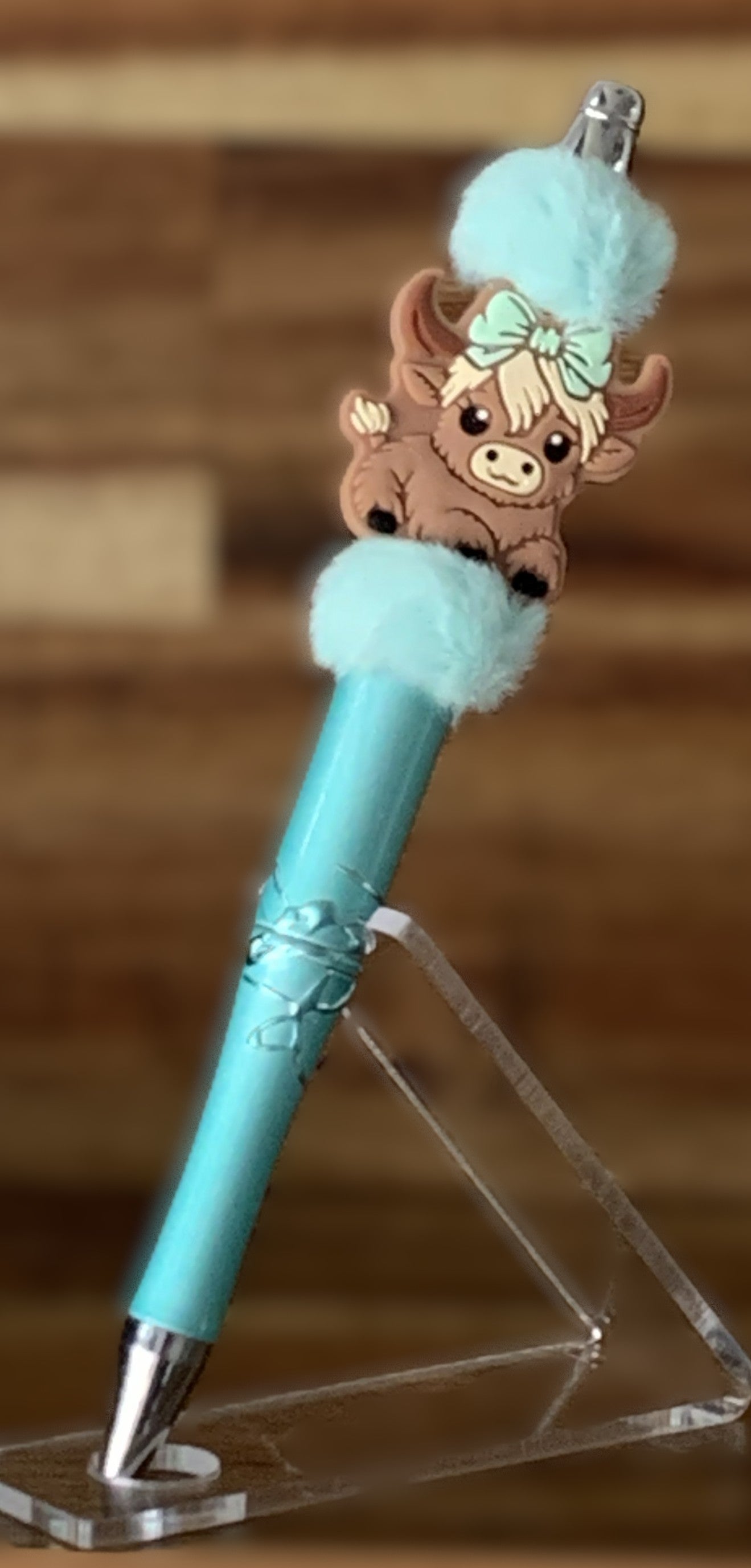 Beaded Pen - Teal Highland Cow Charm Mint Bow Fluffy Teal Pom Pom Beads