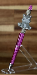 Beaded Pen - Metallic Purple Hippo Charm Silver Daisy Flower Beads