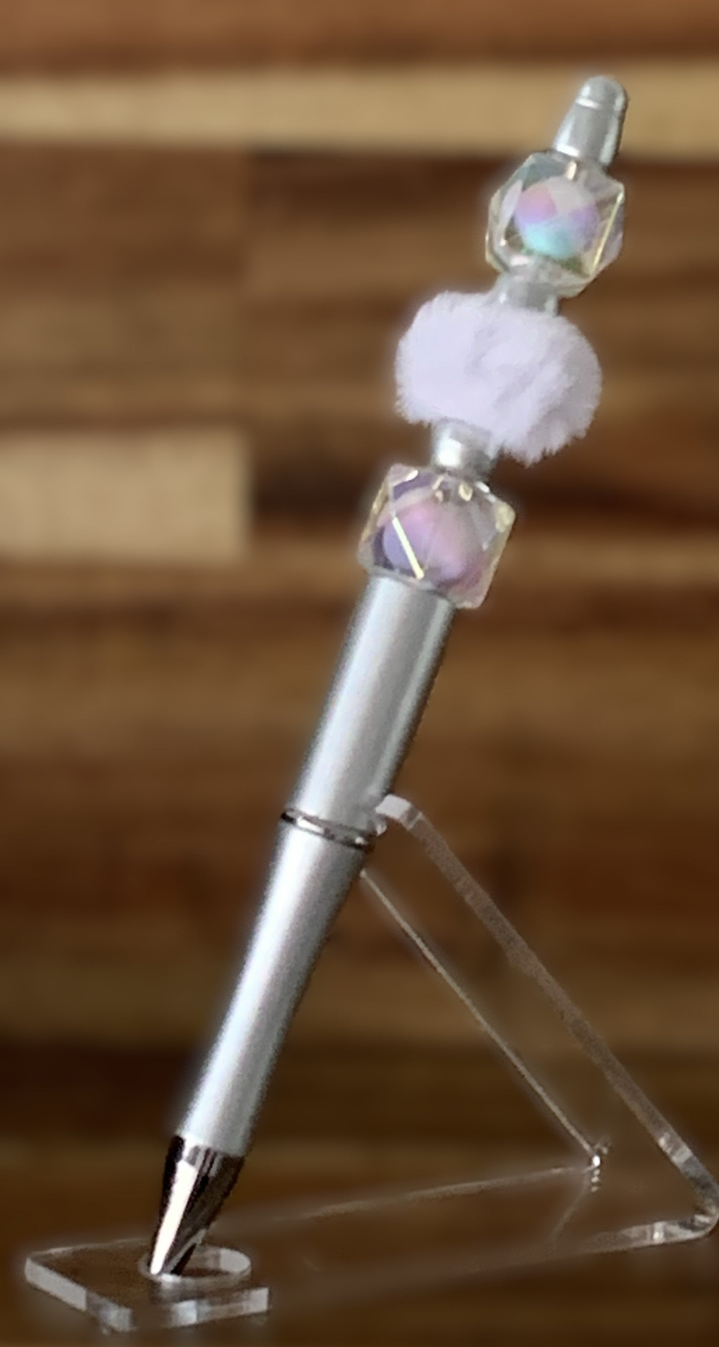 Handmade Iridescent Crystal & Fluffy Pom Pom Beaded Pen – Silver