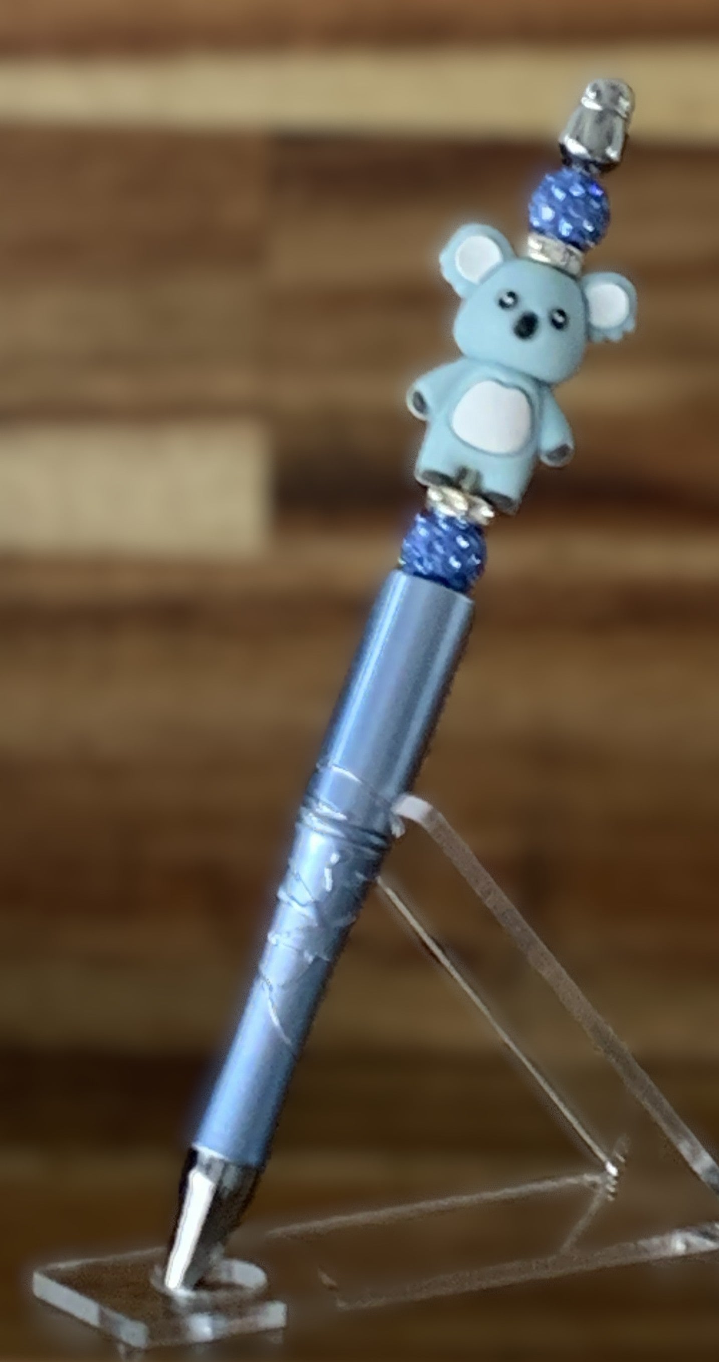 Beaded Pen - Steel Blue Koala Charm Navy Blue Raindrop Print Ball Beads