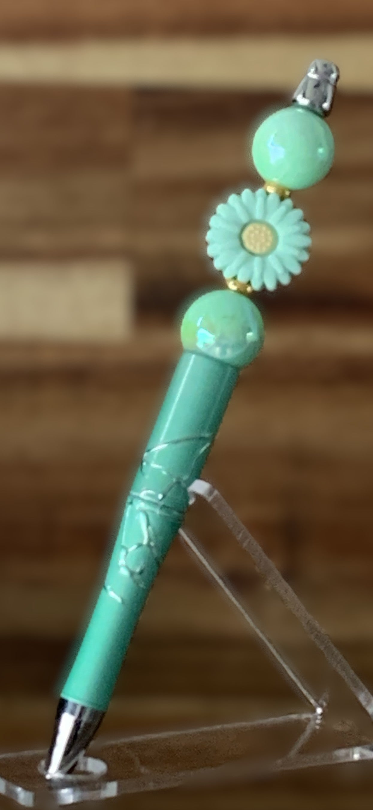 Beaded Pen - Teal Mint Daisy Flower Bead Soft Mint Opal Ball Beads Gold Accents