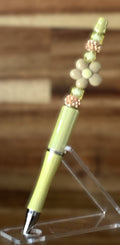 Beaded Pen - Yellow Cream Daisy Flower Bead Rose Gold Spiky Ball Beads Green Seed Beads