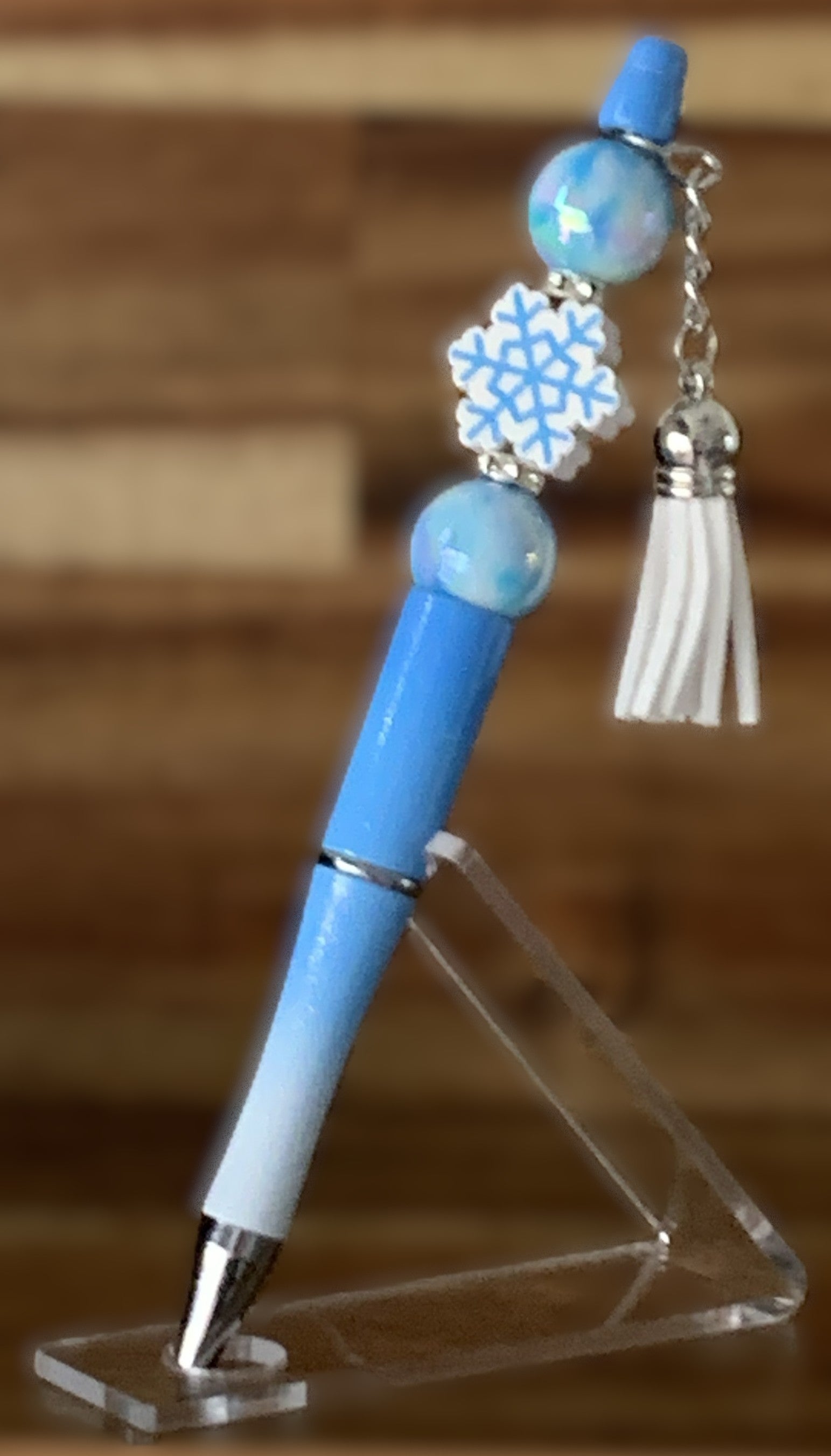 Beaded Pen - Sky Blue Ombre Snowflake Bead Blue Marble Ball Beads White Tassel Charm
