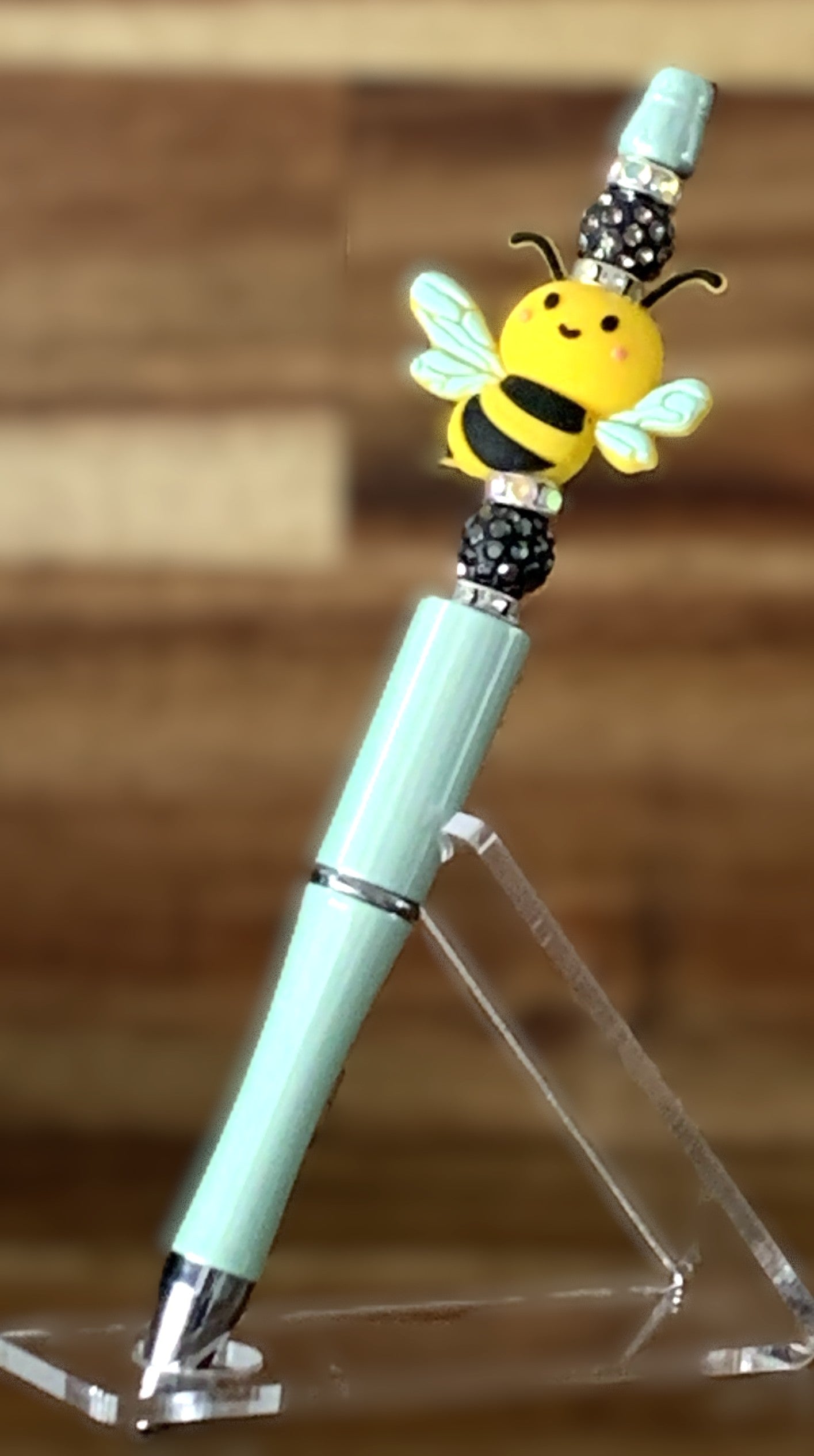 Beaded Pen - Mint Aqua Kawaii Bumblebee Charm Black Glitter Rhinestone Ball Beads