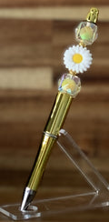 Beaded Pen - Shiny Gold White Daisy Flower Bead Iridescent AB Crystal Cube Beads
