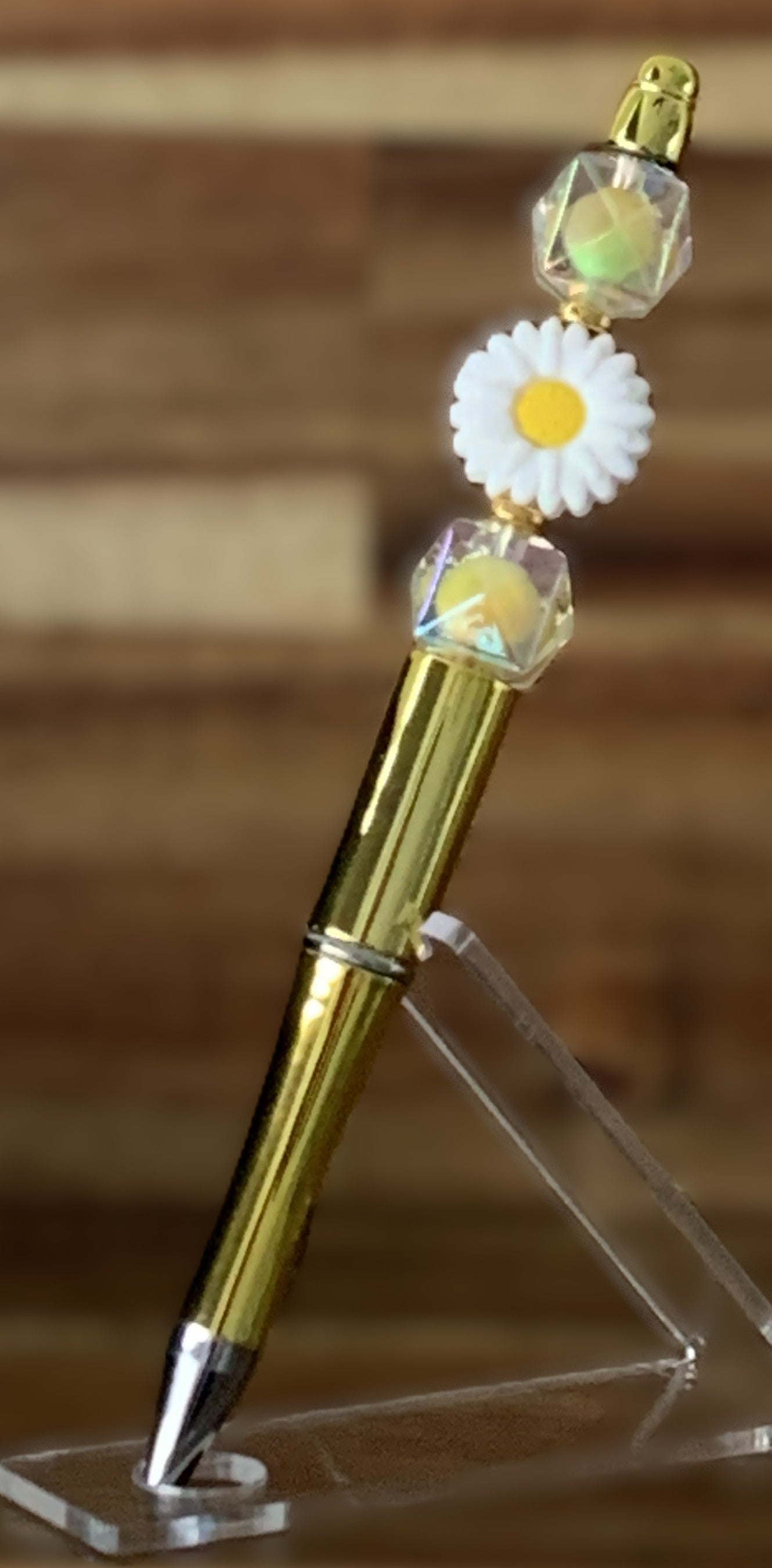 Beaded Pen - Shiny Gold White Daisy Flower Bead Iridescent AB Crystal Cube Beads