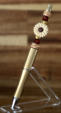 Beaded Pen - Gold White Daisy Flower Bead Burgundy Faceted Beads Rose Gold Rhinestone Rings