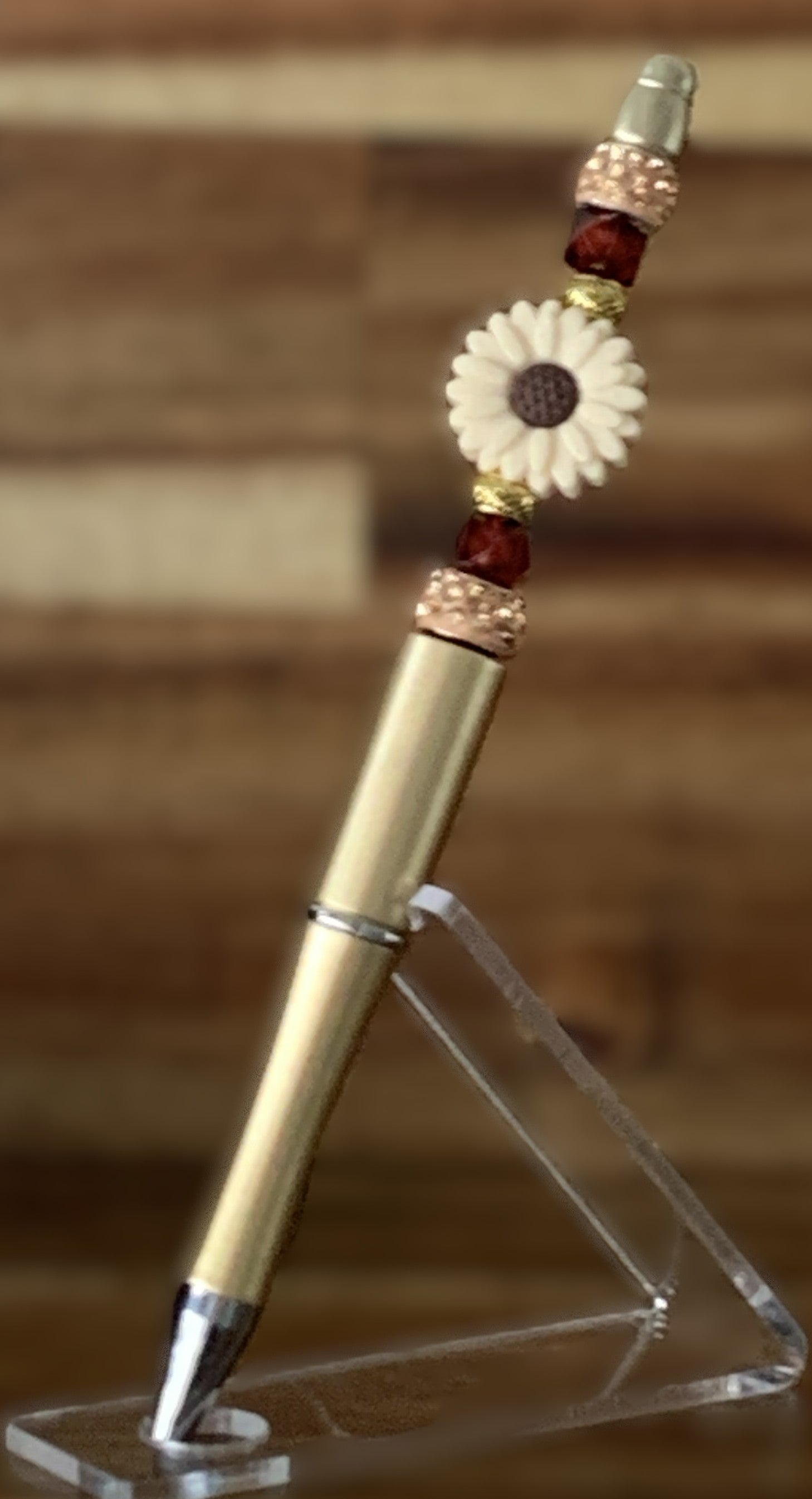 Beaded Pen - Gold White Daisy Flower Bead Burgundy Faceted Beads Rose Gold Rhinestone Rings