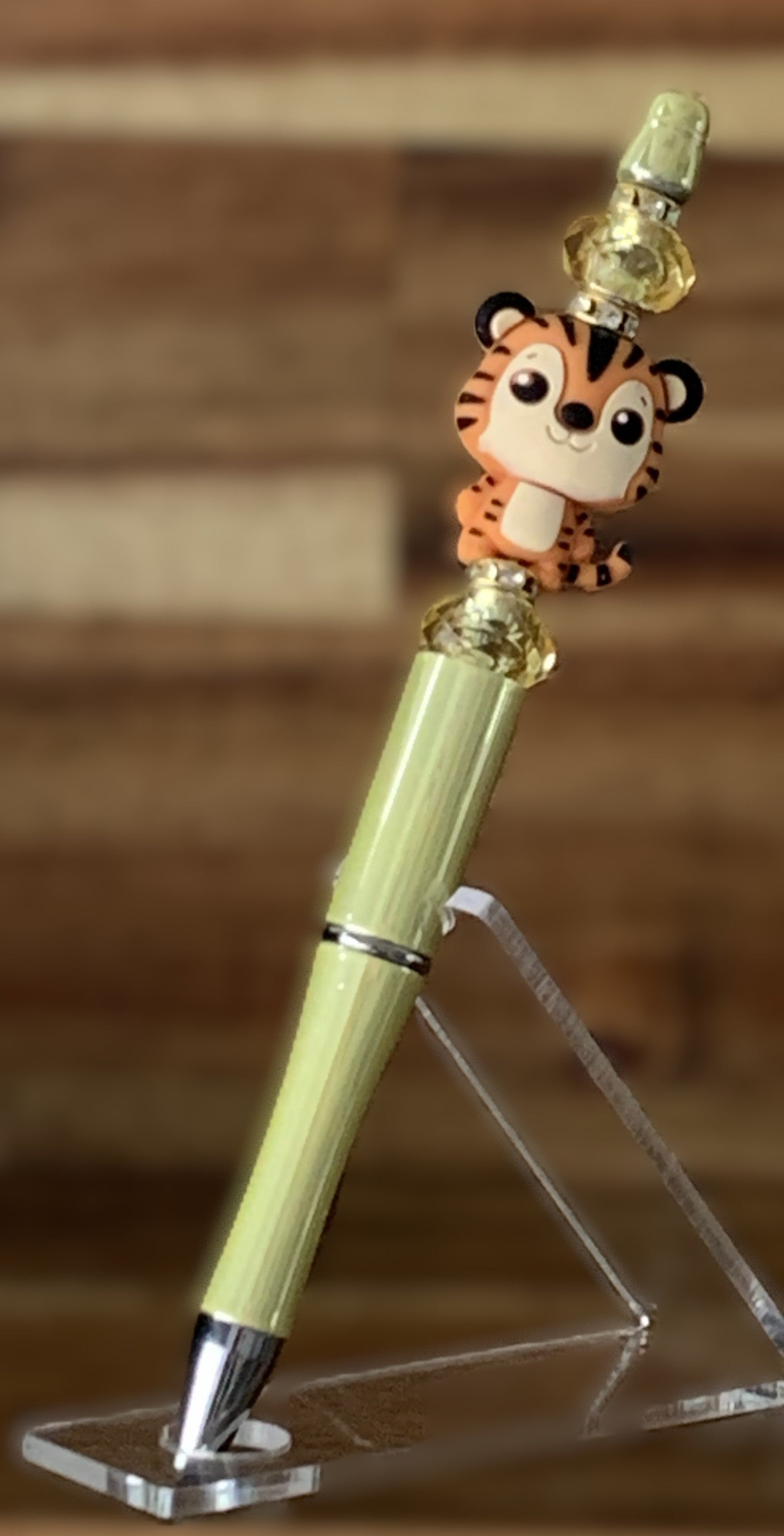 Beaded Pen - Gold Kawaii Tiger Charm Amber Crystal Bead Gold Filigree Ring Bead