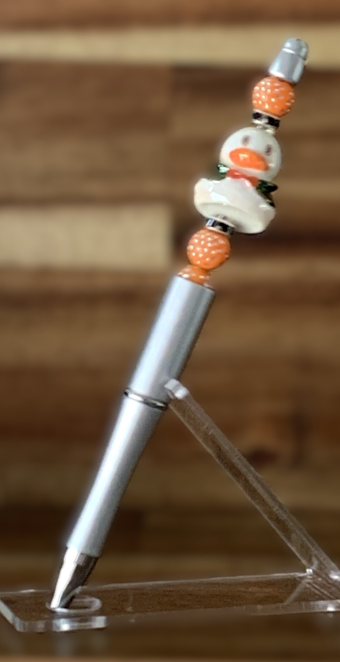 Beaded Pen - Silver White Duck Charm Orange Textured Ball Beads