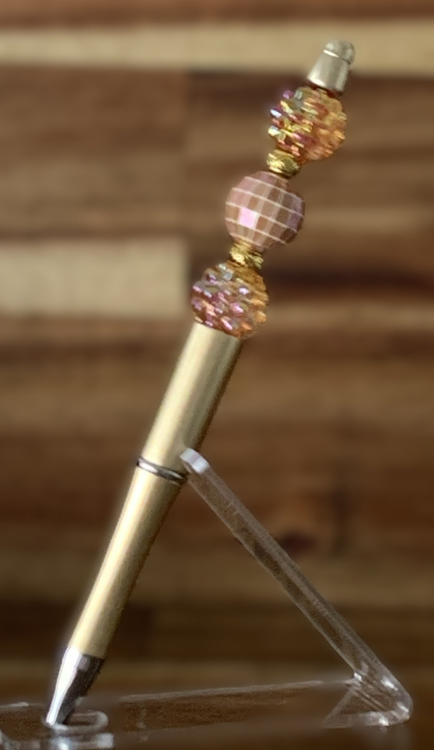 Beaded Pen - Gold Rose Gold Glitter Disco Ball Beads Soft Pink Faceted Disco Ball Bead