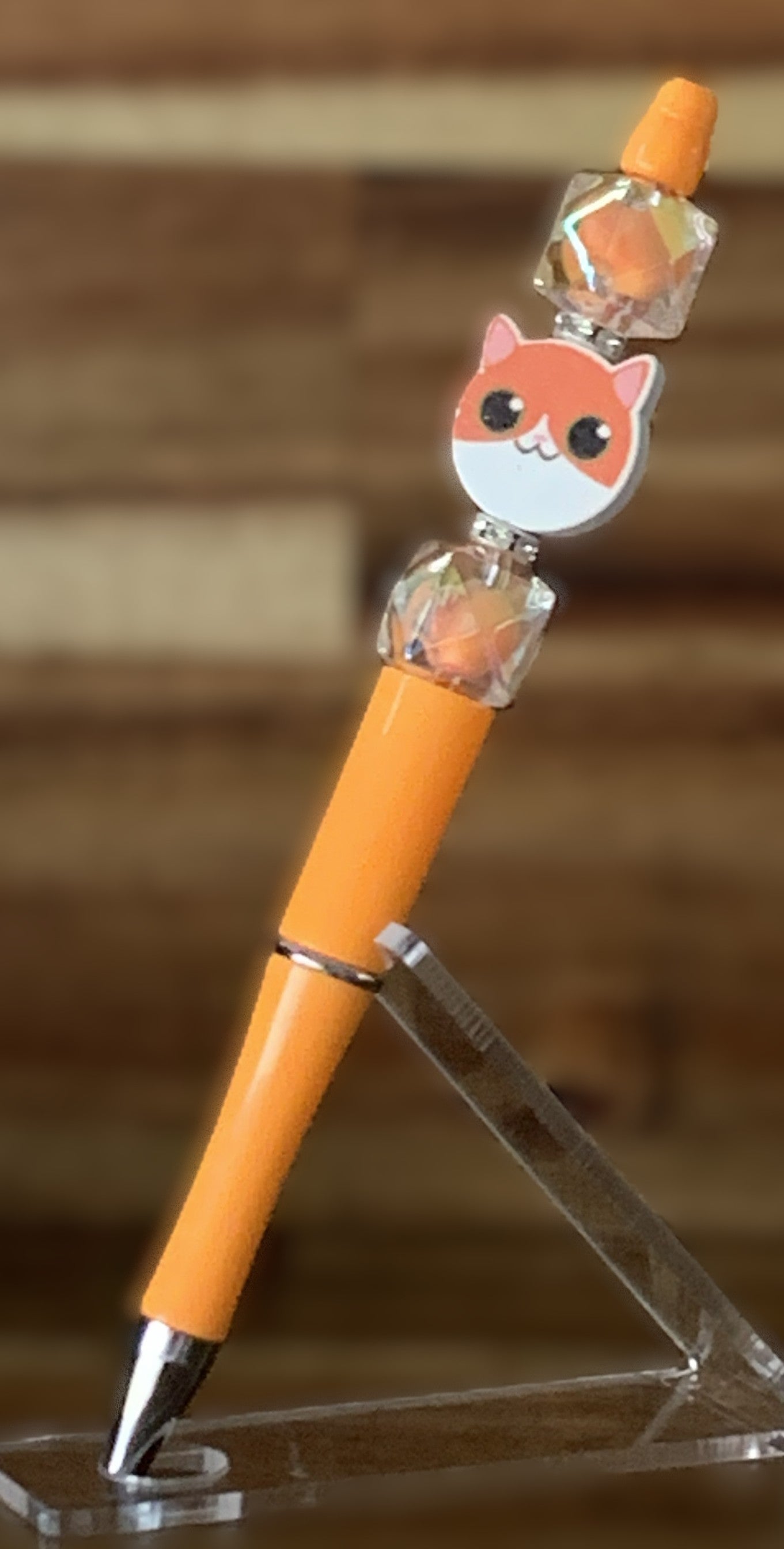 Beaded Pen - Orange Kawaii Cat Face Charm Clear Iridescent Crystal Cube Beads