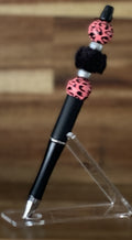 Beaded Pen - Matte Black Pink Leopard Print Ball Beads Fluffy Black Pom Pom Bead