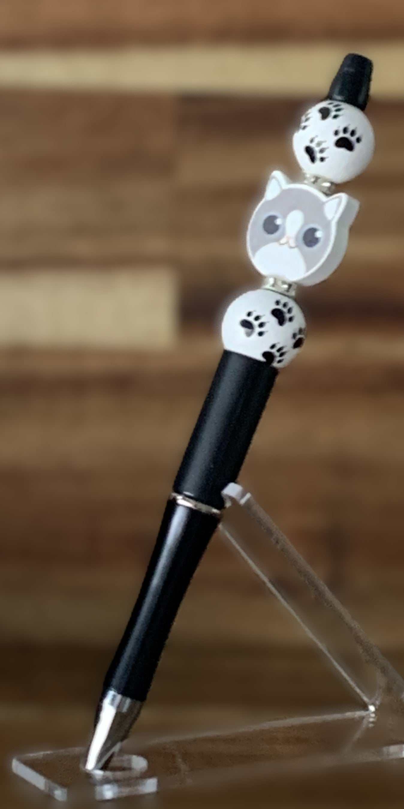 Beaded Pen - Matte Black White Paw Print Ball Beads Kawaii Cat Face Charm