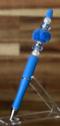 Beaded Pen - Sky Blue Fluffy Royal Blue Pom Pom Bead Clear Crystal Cube Beads White Pearl Beads
