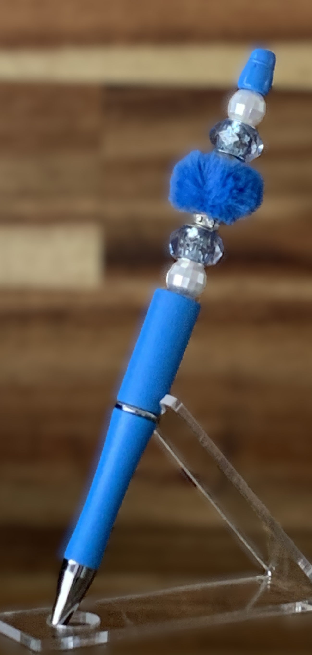 Beaded Pen - Sky Blue Fluffy Royal Blue Pom Pom Bead Clear Crystal Cube Beads White Pearl Beads